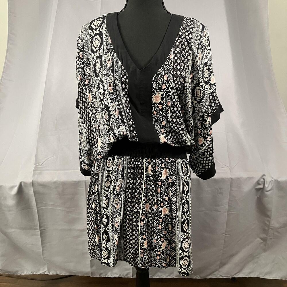 Ellison Dress Womens‎ Large Black Boho Floral V Neck Kimono Sleeve Rayon Lined